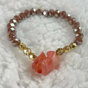 Handmade Beaded Stretch Bracelet, Beautiful Pink Stones, Gold and Mauve Beads